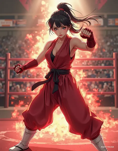 masterpiece, highest quality, solo, solo focus, half-anime style, 8k, (perfect face:1.1), (high detail:1.1), 1girl, mature lady, tall body, age 26, street brawler, (black hair, long hair, ponytail hair, right side bangs), green eyes, chinese fighting unifo...