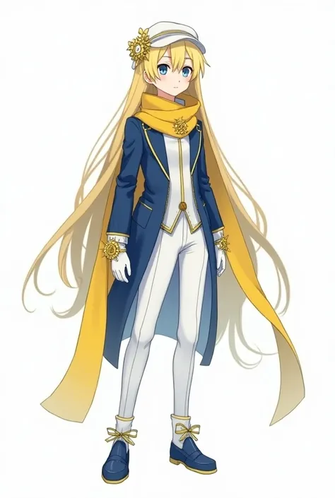 A quiet anime guy with sharp blue eyes represents long yellow hair ,With light skin and wearing all the fancy blue and yellow clothes, Idole consists of a closed jacket without sleeves. Gilya looks like a space-colored indigo tuxedo with a long yellow scar...