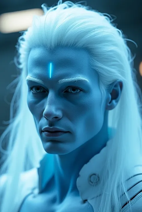 Solo, close up photography of alien race,pleiadians, pure light creature, pure handsome masculine male, blue ice skin, intricate white thick straight hair, pale skin, pointy air,glowing v-shaped line in forehead, grey large glowing eyes, wear mechanical ar...