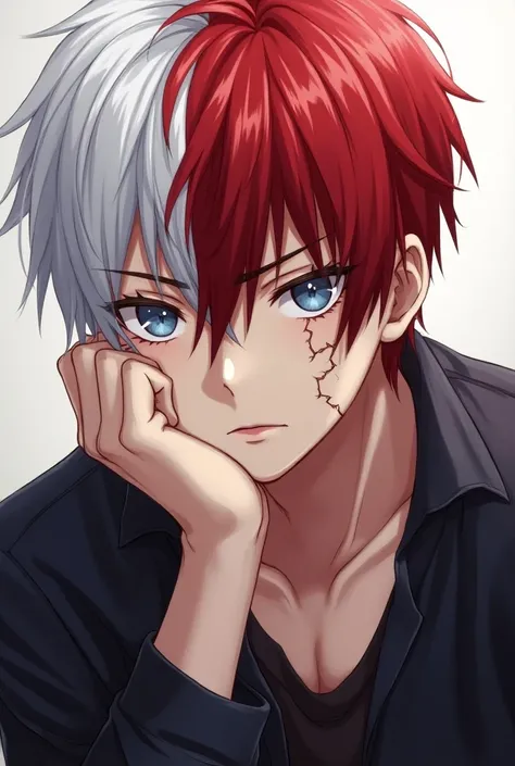 Todoroki shoto looking a me with intense gaze of desire and love with his chin resting in his hand which is covering his lips and with white and red hair half and half with a burned scar on his eye and make him look realistic like a handsome human being 