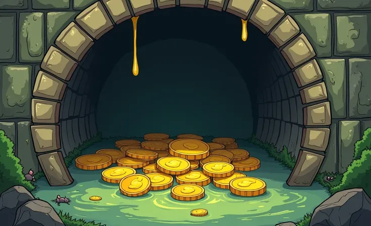 Several gold coins are in a small sewer. Request a cartoon image.