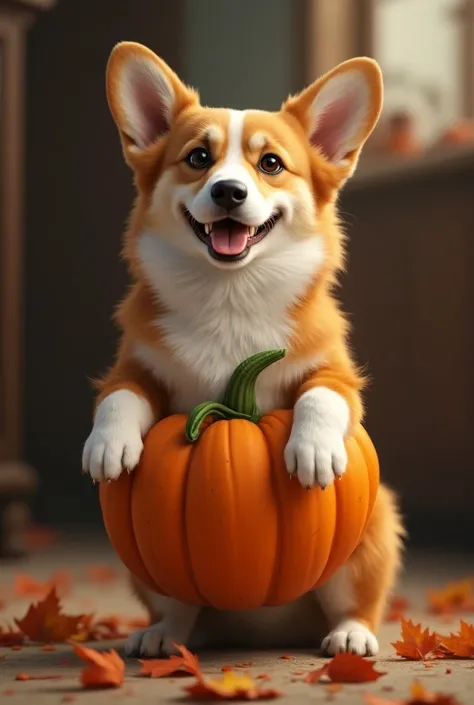 real 4 leg corgi hind leg wearing halloween pumpkin