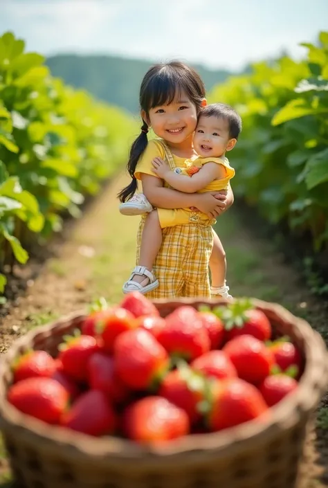 Real shot, bright and clear. Farewell, Big Vision, in the photo, there is a cheerful  girl from Taiwan in the strawberry garden. She has two braids, a yellow doll collar shirt, yellow and white plaid pants with suspenders, and white sandals. She is holding...