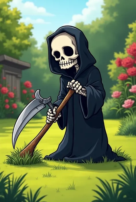 Create me a cute tattoo of a cartoon grim reaper cutting the grass with his scythe 