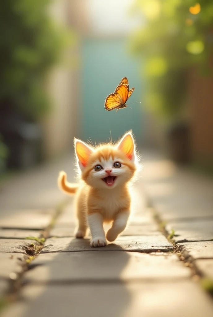 miu ( a small kitten ,  yellow or white fur , big round eyes, innocent appearance )  excitedly chasing a small butterfly,  start running away from the courtyard ,  go gradually out into the street .

Image: miu chạy theo con bướm qua cánh cổng nhỏ của nhà ...