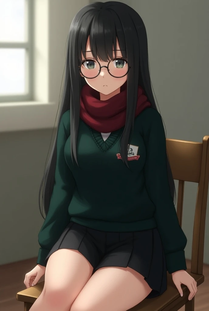 1.	clothes:
	 • The character wears a dark green sweater with long sleeves that looks like a school uniform and has a badge or brooch on the left chest.
• Wear a black miniskirt, like the one found in school uniforms.
• A dark red scarf wrapped around the ...