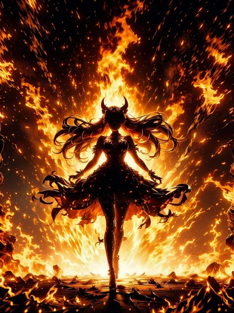 a fiery demoness with glowing orange eyes, horns illuminated by surrounding flames. she stands with her body adorned in shimmeri...