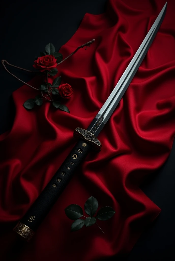 Top view Photography style,Katana samurai sword with black hilt and gold ornament,on a red cloth , on a black table,in the dark, contains a sprig of red roses,the atmosphere of romantic darkness ,ultra realistic.detail,HD