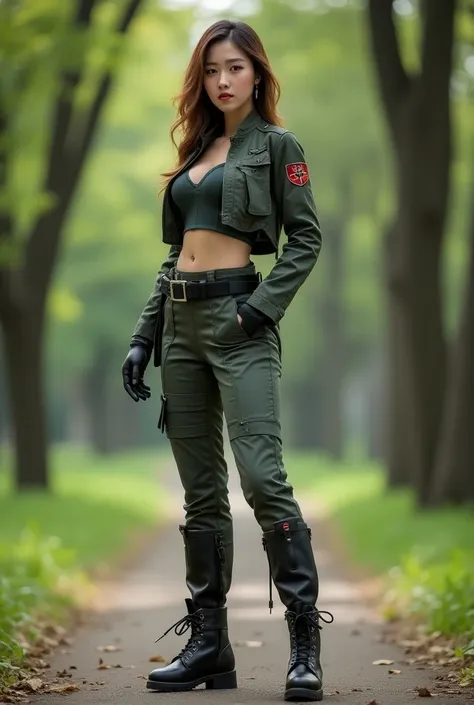  wearing a fighter pilot, Medium bust size, Boots, Pants, Black belt, ，Korean woman in a park standing sexy , Full body image