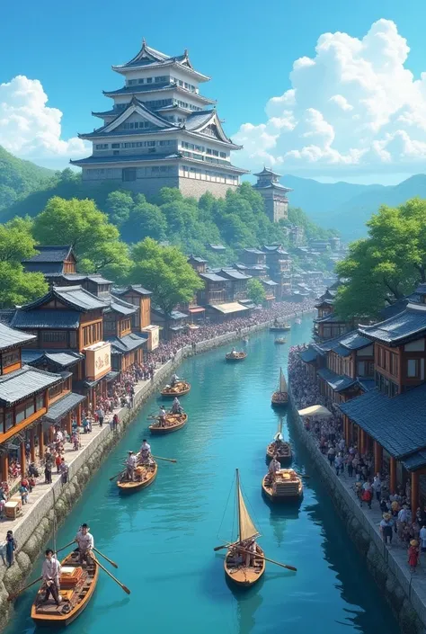 Japan&#39;s Edo Period　Castle town with a high mountain castle 　Yonekura lined up 　More than 10 sailing boats going to and from the moat　 There are many rice bales and boatmen on board the boat　 waiters coming and going 　merchant　samurai　Bustling　Powerful ...