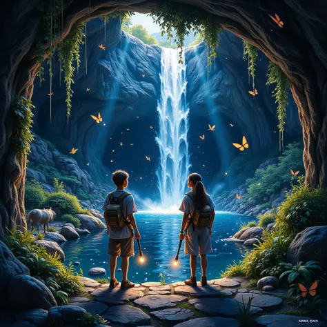 girl and boy archaeologists clothing light shirt and pants after seeing the underworld, they frozen in place holding the wall wi...