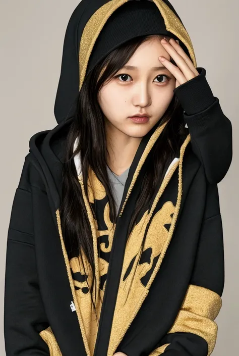  Japanese woman wearing gold hoodie and black denimギャル