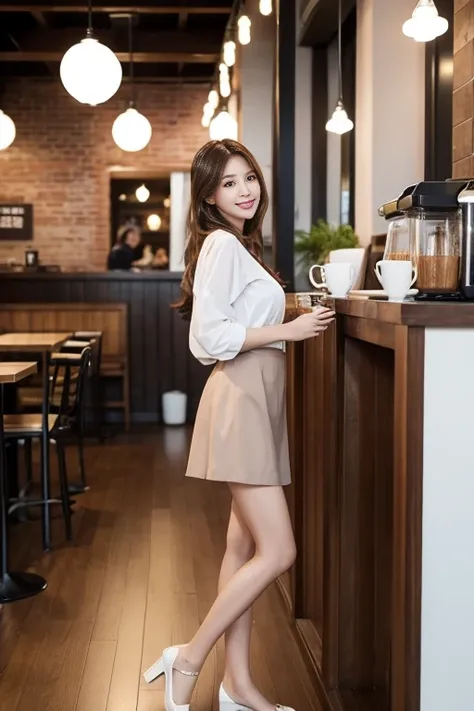 Full body photo of Indonesian woman with long reddish-brown hair smiles warmly while standing in a cozy, modern café. She is dressed in a delicate short skirt, exuding a relaxed yet stylish vibe. The café background features soft lighting, a coffee machine...