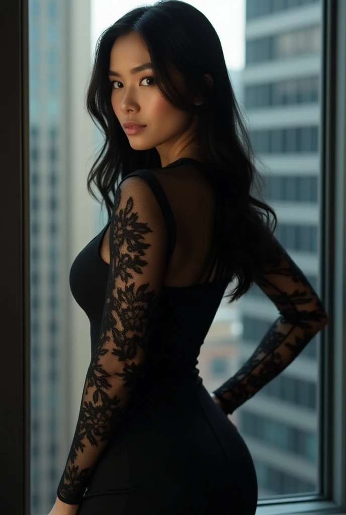 The image shows a woman with long, straight black hair standing near a window. She is wearing a fitted black dress with lace detailing, especially on the sleeves and sides. The dress is elegant and emphasizes her figure, with intricate floral lace patterns...