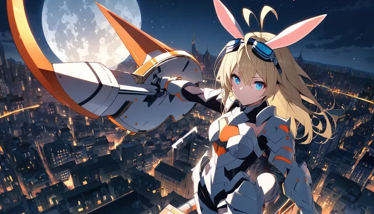 (high resolution)( moonlight, city,)　1gial (Blonde hair and blue eyes）（armored bunny suit 、antenna rabbit ear 、 half face goggles 、 armor boots with booster)()((carrot-shaped weapon))）