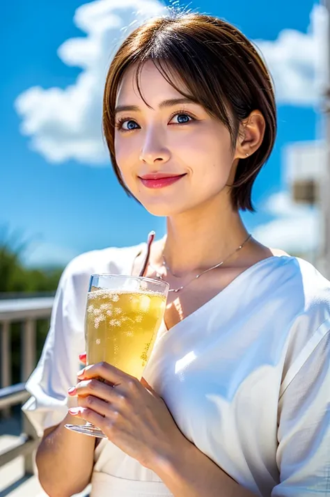 ((White Wine)),((Wine Glasses)),(Realistic, 超Realistic:1.4), 16K HDR,  High Resolution ,((White Wine)),((Wine Glasses)),Happy smile、short hair,The best smile、Japanese actress,so beautiful(It looks like the real thing),dress、Slim couple、Model Couple、(Realis...