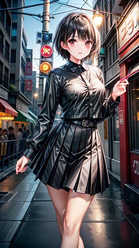 Cute young woman, Short black hair, Brown eyes, Queen,Pleated skirt suit,Street Lights,Neon,Bustling street background,(Umbilical cord:1.1,Princess Eyes), noble, Copyright Fees, High quality, masterpiece,  Very Detailed 