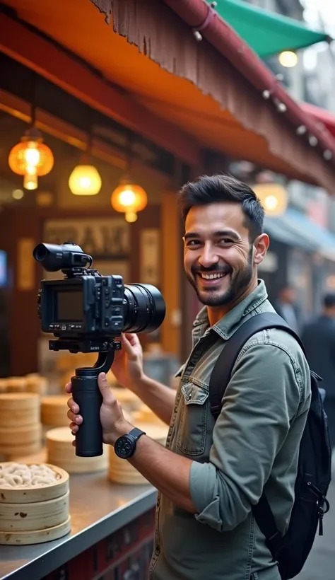 A man who is recording his videos in front of a Momos Counter with a gimble