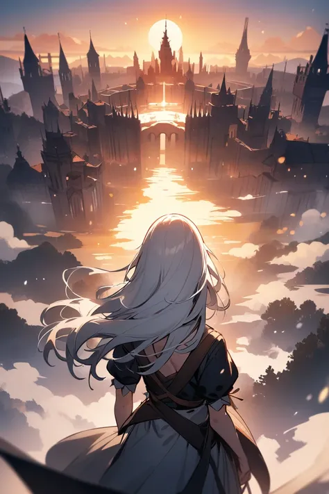 (masterpiece,  are of the best quality:1.2), illustration,kingdom,Back view of girl with long white hair,sunrise