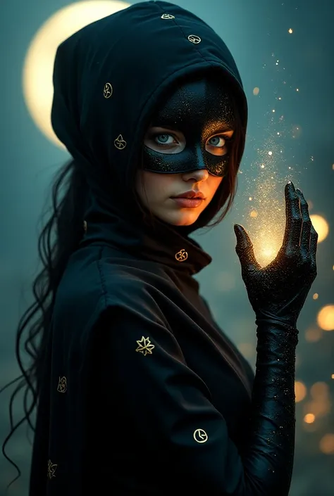 Score_9, score_8_up, score_7_up, Moonlit Masquerade: A Masterpiece of Fantasy Photography. Silhouetted against a radiant moonlit backdrop, a mysterious woman dons a tight thief costume embroidered with golden symbols, her masked face and piercing blue eyes...