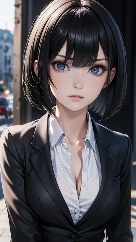 Adult women, Alone, sexy,8K resolution,((Best Quality)),Ultra-high resolution, (Grim expression), (Black eyes), A beautiful, symmetrical face, (Black straight bob cut),Office Jacket, suit pants ,Realistic:1.4,Realistic:1.4,(masterpiece:1.2), perfect eyes,P...