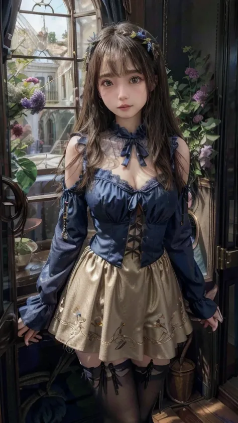 (round face)(Big eyes、Droopy eyes、blue), (Fabric Shading), (Best Quality), (masterpiece), (Super detailed CG),, (Magical ),  (Ample breasts),  Light Bronze Gold , ( A Room Full of Flowers ).  Primary Colors are Grey and Black ,  Fantasy Color .  In front o...