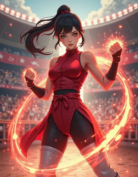 masterpiece, highest quality, solo, solo focus, half-anime style, 8k, (perfect face:1.1), (high detail:1.1), 1girl, mature lady, tall body, age 26, street brawler, (black hair, long hair, ponytail hair, right side bangs), green eyes, chinese fighting unifo...