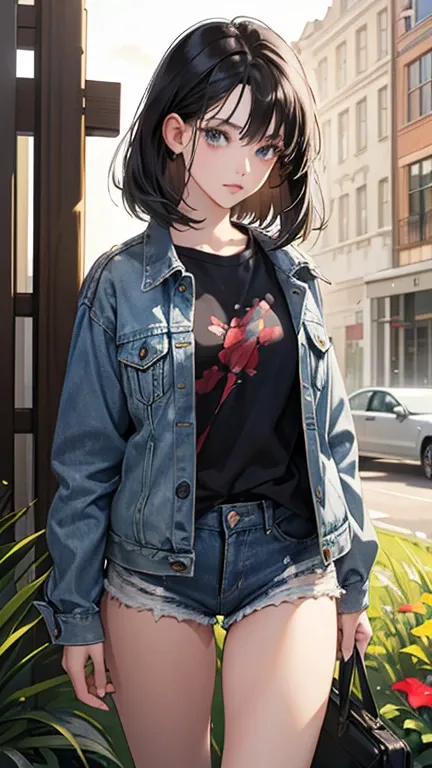 masterpiece,Best Quality,Ultra-detailed,Complex,Detailed face,Detailed eyes, beautiful eyes, 1 girl, cowboy shot,beautiful woman of 20 years old、Black Hair, medium bob hair、( Damaged Denim Shorts、Black Navy Shirt 、 Damaged Denim Jacket ),standing,front,(bl...