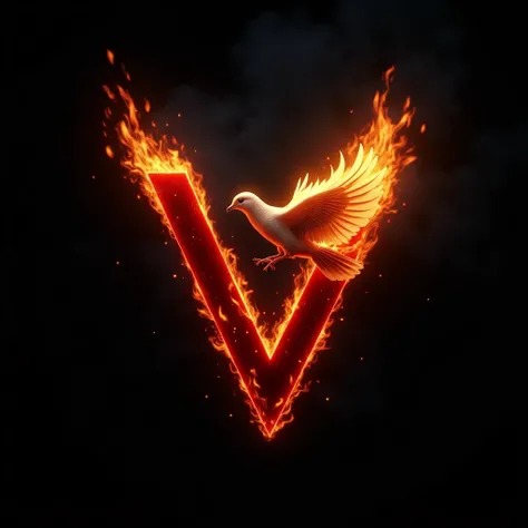 Create a logo with the letter L and G, with the letter V  in Red, And the black background, put flames and the image in ultra hd, set a dove on fire.