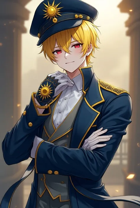 A quiet anime young man in high school with sharp red eyes, has a mixture of yellow and white hair.  , Fair skin and wearing all the fantasy blue, yellow and white clothes are the luxury of Idol, which consists of a long waist tuxedo jacket with short slee...