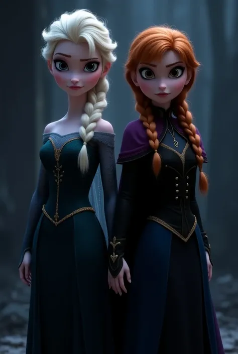 Créer une image des princesses Elsa et Anna avec une robe noire dans un style Disney Pixar. Elles sont  furieuses.