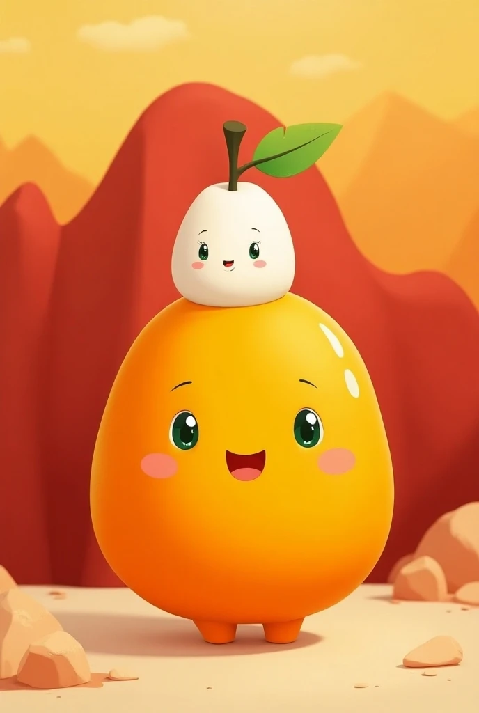  cartoon character with a white object with a leaf on it, Red Cliff, inspired Mei Qing ,  charming expression face ,  cartoon character like an orange, , Inspired by Orange ,  cute round green slanted eyes , Simple style, Change,, Detailed image, Logo Desi...