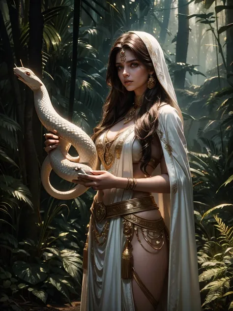 a woman with long brown hair wearing a white sexy indian costume, standing in a fantasy forest, holding a large white snake, detailed face and eyes, hyperrealistic, 8k, photorealistic, masterpiece, cinematic lighting, dramatic shadows, moody atmosphere