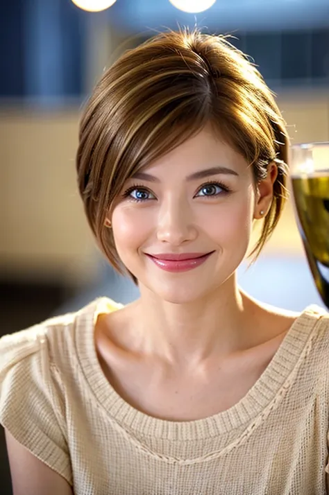 ((White Wine)),((Wine Glasses)),(Realistic, 超Realistic:1.4), 16K HDR,  High Resolution ,((White Wine)),((Wine Glasses)),Happy smile、short hair,The best smile、Japanese actress,so beautiful(It looks like the real thing),dress、Slim couple、Model Couple、(Realis...