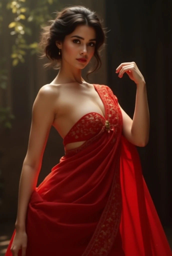 A girl showing her tits in red saree 
