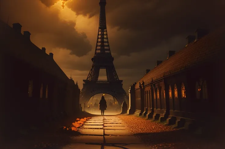 A dark, spooky forest path leading to a large, Eiffel Tower, Big Ben and stained glass windows. The path is lined with tombstones and pumpkins, and the sky is filled with bats. The overall atmosphere is eerie and mysterious