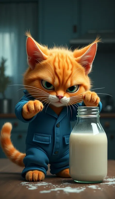 AI cute Orange cat was mixing some chemical in his milk bottle and having some evil expressions on his face and the cute Orange cat wearing blue coloured uniform and shoes and in the background the kitchen was shown and it was such a dark place where he dr...