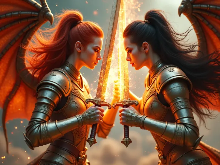 A hyper-realistic, highly detailed 8k image depicting two young women in a dynamic clash, captured in full body as they fiercely collide their blazing dragon swords. One woman has long, flowing red hair styled in two voluminous pigtails and a striking Lati...