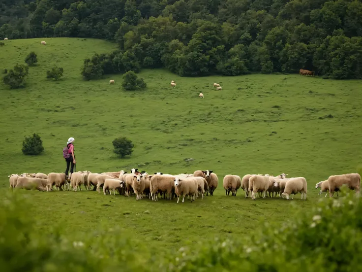 There was a herd of cows and sheep ， an outdoor hiking girl looking into the distance