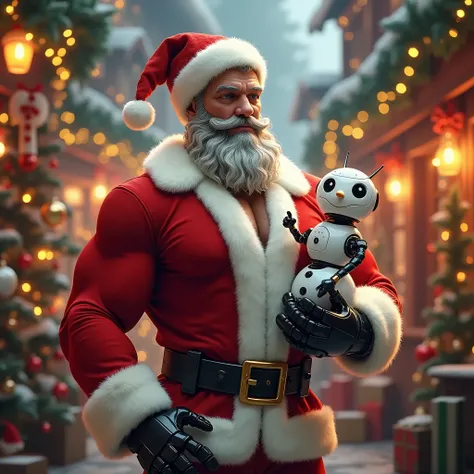 muscular handsome young santa claus,  christmas decoration theme, , cute mini robotic snowman, unreal engine, 8k, hd