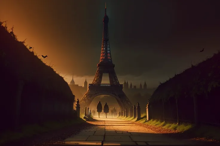 A dark, spooky forest path leading to a large, Eiffel Tower, Big Ben and stained glass windows. The path is lined with tombstones and pumpkins, and the sky is filled with bats. The overall atmosphere is eerie and mysterious