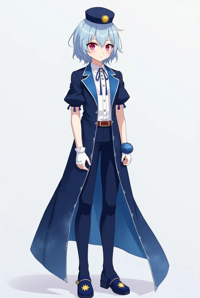 A quiet anime young man in high school with sharp pink eyes represents a mixture of light blue hair , Fair skin and wearing all the fantasy blue, yellow and white clothes are the luxury of Idol, which consists of a long waist tuxedo jacket with short sleev...