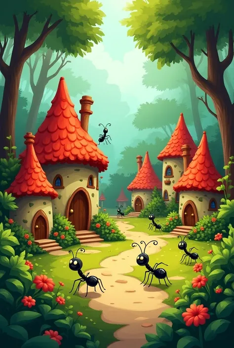 Cartoonic ten houses of red ants and black ants in between of forests 