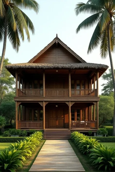 Tall house wooden stage rumbia roof front porch size 8 meters long
Side body width 6meter 