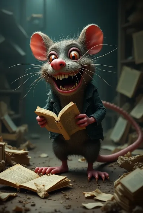 Cartoonish old smelly ragged beaten up rat who is a drug addict and is eating books