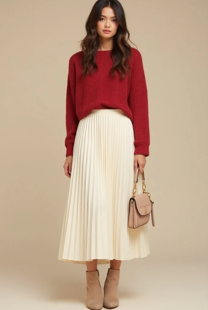 Rouge and Cream: Soft and Feminine**
   - **Outfit Idea**: A rouge knit sweater tucked into a cream pleated midi skirt, paired with nude ankle boots and a cream crossbody bag. Accessorize with delicate gold jewelry for a touch of warmth.
   - **Why It Work...