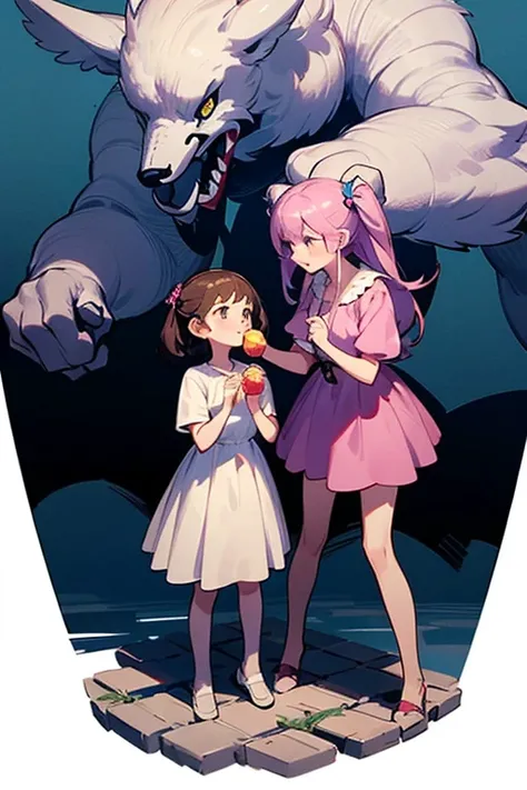 2 girls, While one girl is eating some candies the other girl is trying to steal them. full body.
