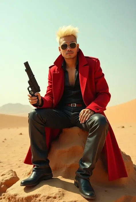 high quality photo, a man wearing glasses from Indonesia, blonde faux hawk hair, thin, tall, wearing a red coat, high boots, holding a magnum type toy gun, in the desert, sitting on a large rock, posing and smiling slyly, realistic, ultra HD 32k, dynamic, ...