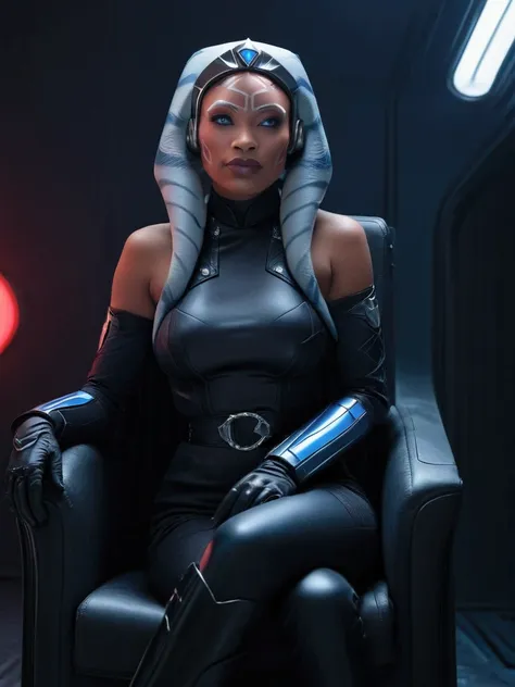 aahsoka and ((￼ silver eyes)) sits confidently on a modern-looking chair. she is dressed in a black (latex) military (latex unif...