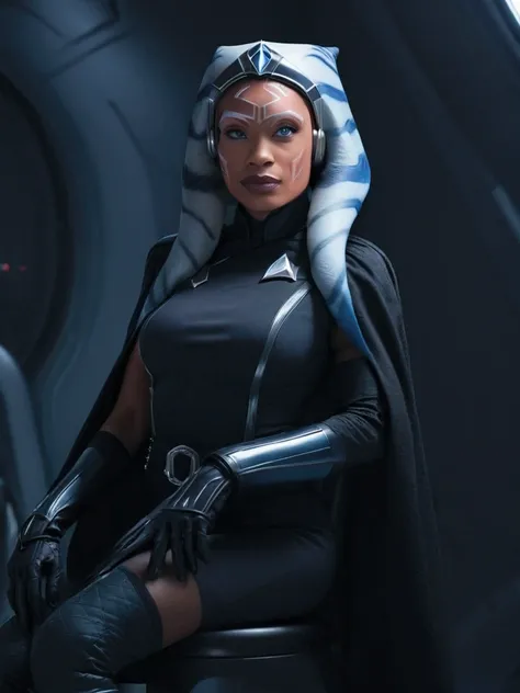 aahsoka and ((￼ silver eyes)) sits confidently on a modern-looking chair. she is dressed in a black (latex) military (latex unif...